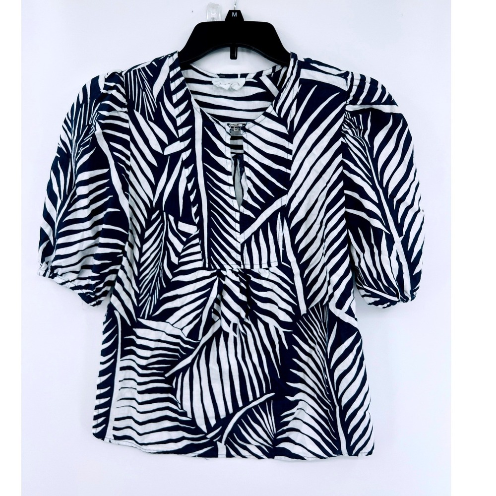 Panama Jack Blouse‎ Womens S Blue White Linen Blend Palm Print Puff Sleeve Beach
